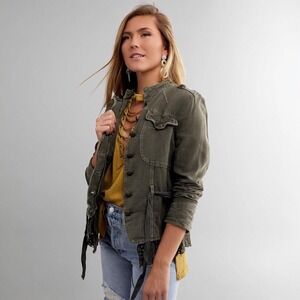 Free People Emilia Military Lace Belted Jacket Victorian Lace Trim M Retail $148